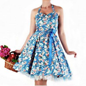 "Bonnie" 1950s Blue Halter Floral Dress